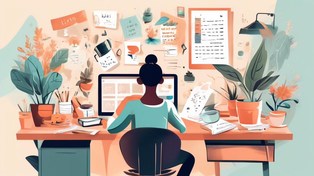 Create an image of a person studying at a clutter-free desk with a focused expression, surrounded by motivational quotes, healthy snacks, a timer, and a cup of coffee. Include elements like plants, natural light, and a tidy workspace to convey a sense of calm and productivity.