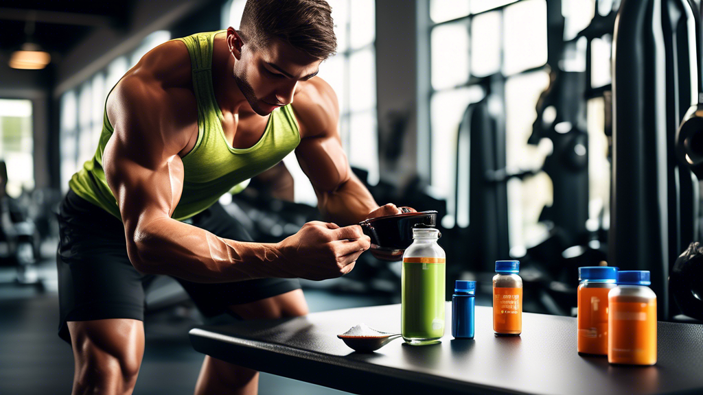 Create an image of a person at the gym, taking a scoop of caffeine-based pre-workout supplement before starting their workout. Show the benefits of increased energy, focus, and performance that the supplement provides during the exercise session. Display a vibrant and motivating atmosphere in the gym setting to emphasize the positive impacts of using caffeine-based pre-workout supplements.