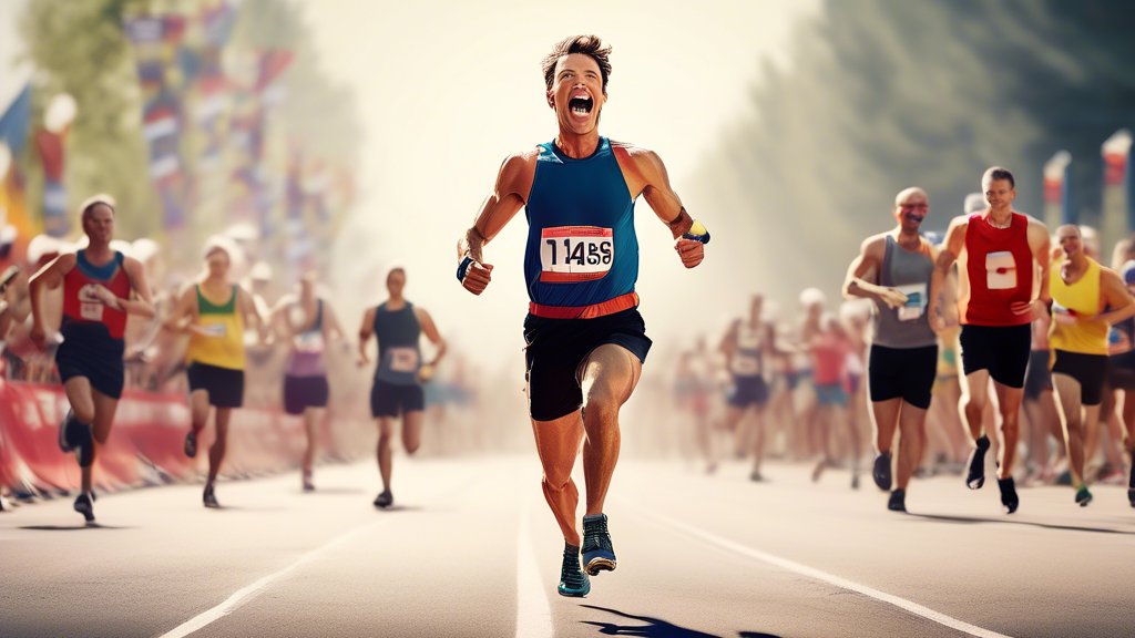 Create an image of a runner triumphantly crossing the finish line of a marathon, depicting the physical and mental benefits of endurance training. Include elements such as a crowd cheering, finish line tape being broken, and a victorious expression on the runner's face. Capture the sense of accomplishment and resilience that comes from completing a long-distance race through the power of endurance training.