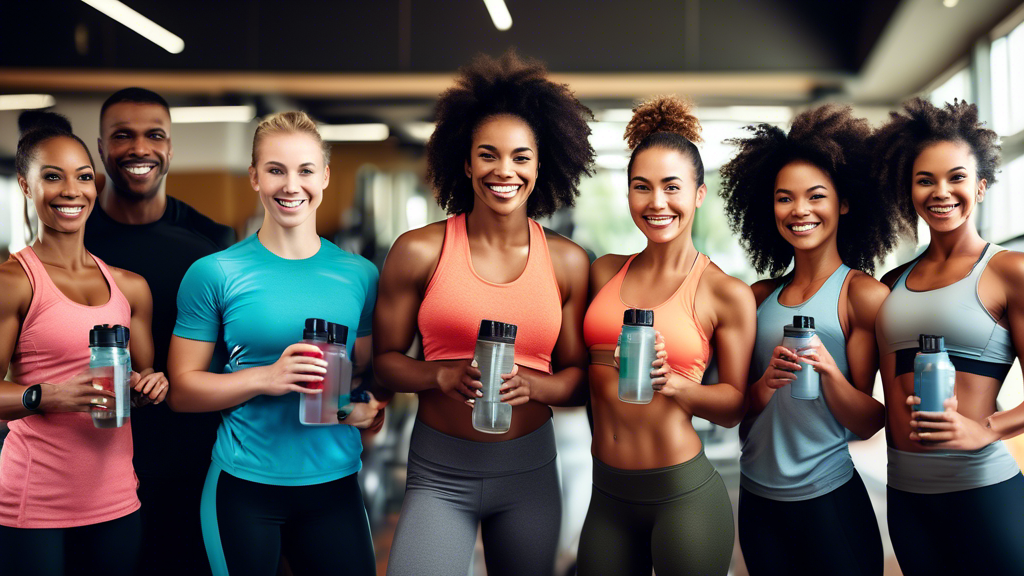 Create an image of a group of fitness enthusiasts working out together in a gym, with each person holding a sports drink in their hand. Make sure they are smiling and appear energized to showcase the benefits of sports drinks for fueling workouts and staying hydrated during exercise. Include various types of sports drinks in the image to highlight the different flavors and options available.