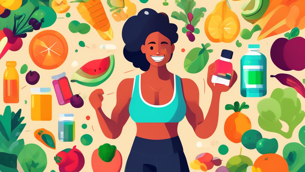 Create an image of a person working out intensely in the gym with a big smile on their face, surrounded by various fruits, vegetables, and healthy supplements, showcasing the idea of a stimulant-free pre-workout and the natural benefits associated with it.