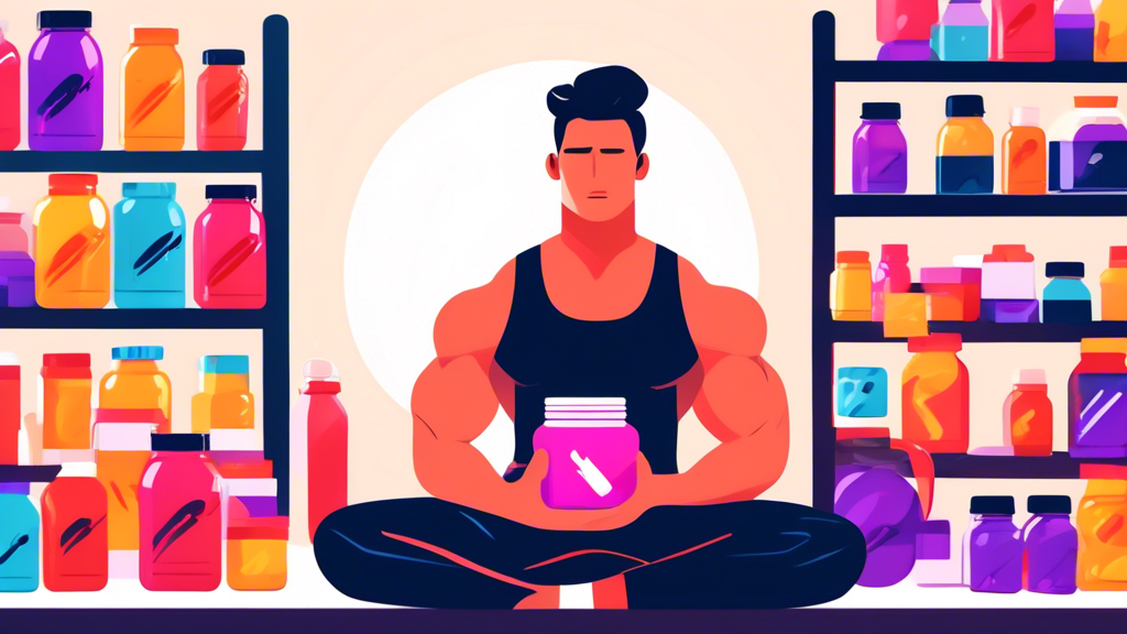 Create an image of a person at a gym holding a jar of beta-alanine powder, surrounded by various pre-workout supplements and fitness equipment. The person should have a contemplative expression, as if considering which supplement to use for their workout.