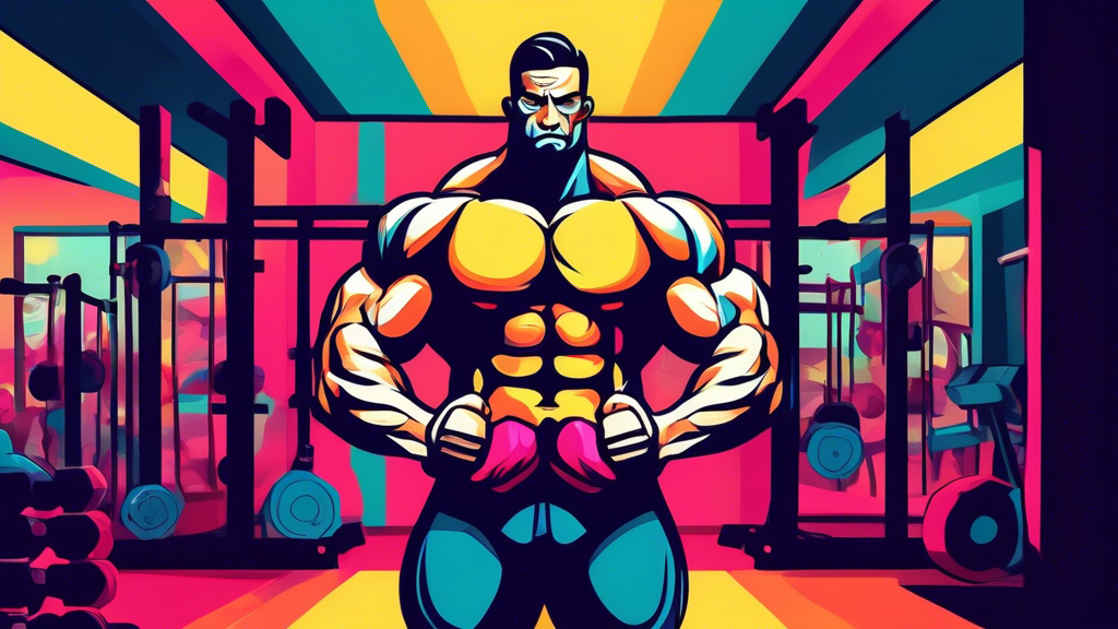 Create an image of a muscular person in a gym, flexing their arms to showcase a prominent muscle pump. The gym setting should be filled with energetic vibes and motivational posters, emphasizing the power and importance of muscle pumps in fitness and strength training.