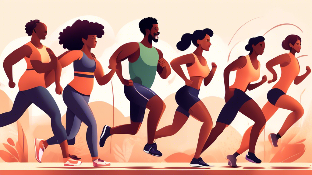 Create an image of a diverse group of people engaging in different activities that improve muscle endurance, such as running, cycling, weightlifting, and yoga. Show a mix of genders, ages, and body types to illustrate how anyone can benefit from improving muscle endurance. Include motivational elements like a scenic outdoor landscape or a group cheering on from the sidelines.