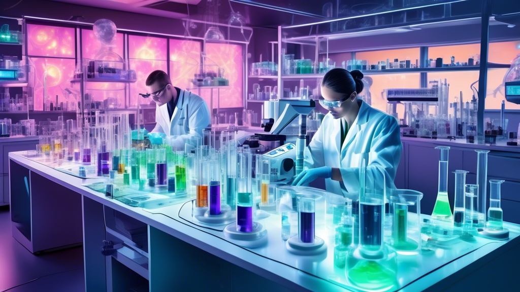 Create an image of a futuristic, high-tech laboratory with beakers filled with vibrant, glowing liquids labeled as Nitric Oxide Boosters, surrounded by advanced scientific equipment such as microscopes, test tubes, and computers displaying graphs and data. Show scientists in lab coats carefully analyzing the substances and working diligently to maximize performance with these cutting-edge boosters.