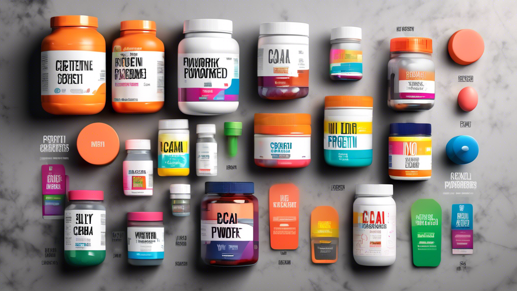 Create an image of a diverse selection of weightlifting supplements arranged neatly on a clean, modern kitchen counter with colorful labels and bold typography. Include a variety of protein powders, creatine, BCAAs, and pre-workout supplements to illustrate the basics of weightlifting supplements in an appealing and informative way.