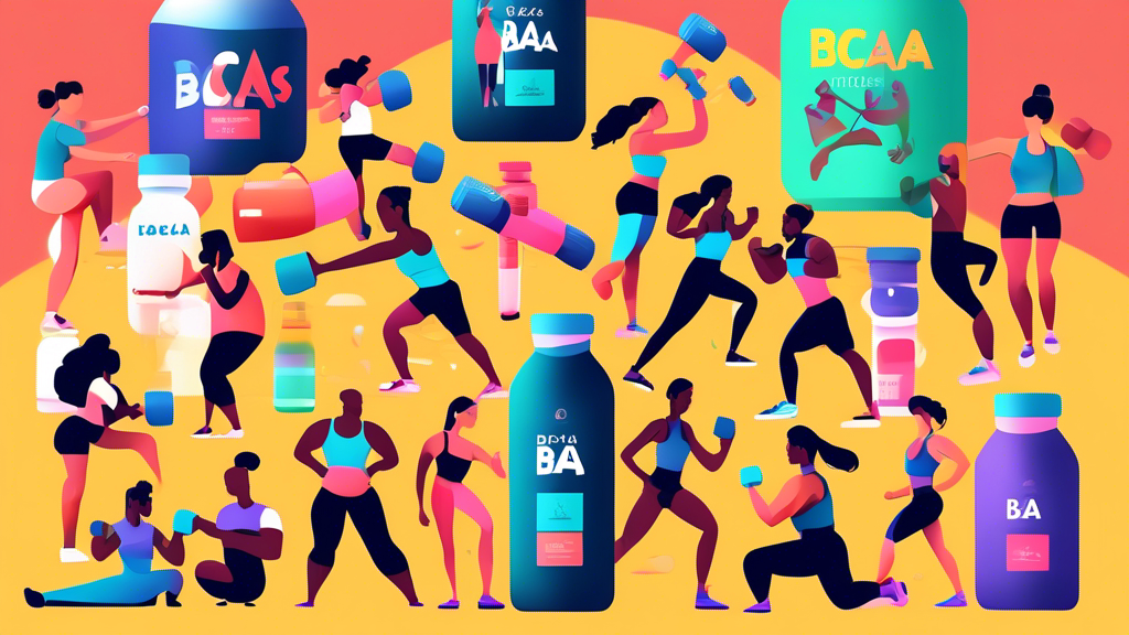 Create an image of a diverse group of people engaging in various types of physical activities, such as weightlifting, running, and yoga, while surrounded by colorful bottles of BCAAs with labels showcasing the benefits they provide. The image should convey a sense of vitality, health, and fitness, illustrating the positive impact of BCAAs on overall well-being.