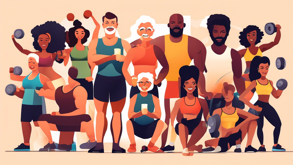 Create an image of a diverse group of people (including men and women of different ages and ethnicities) engaging in various fitness activities like weightlifting, yoga, running, and cycling. They should all be holding or consuming different types of fitness supplements like protein powder, vitamins, and energy drinks. The background should be a gym setting with motivational quotes and posters displayed.