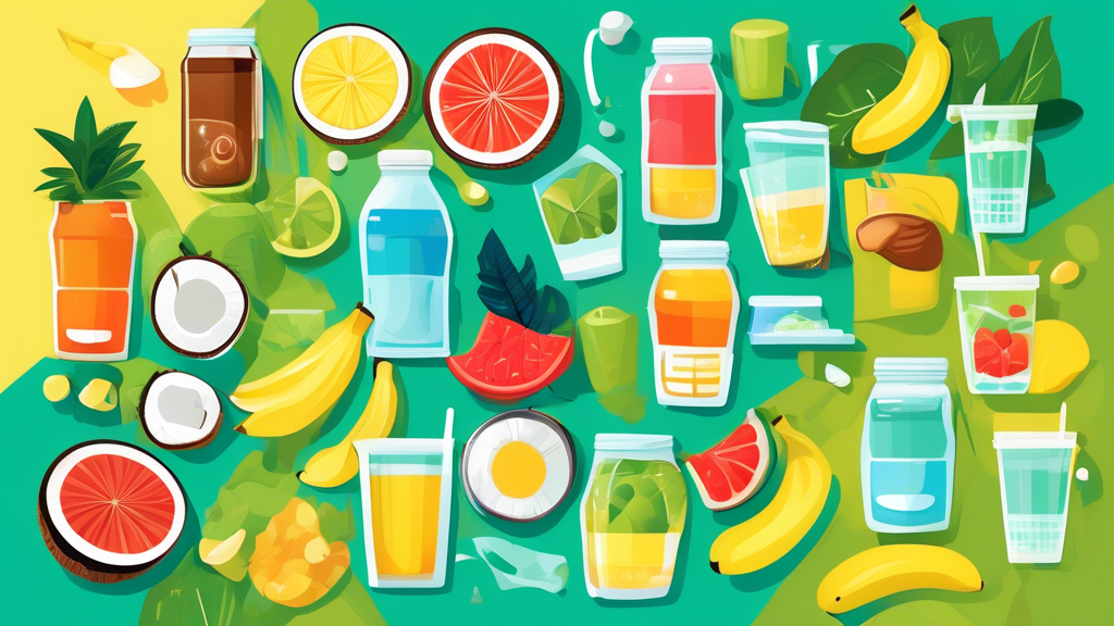 Create an image of a variety of electrolyte-rich foods and drinks such as coconut water, bananas, spinach, and sports drinks, arranged in an appealing and informative way to showcase the importance of electrolyte replenishment for hydration. Include visually striking elements to emphasize the idea of hydration and proper electrolyte balance for optimal health and performance.