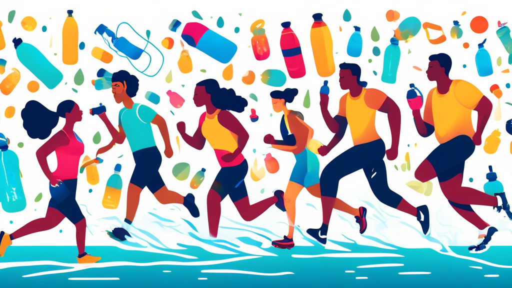 Create an image of a diverse group of people engaged in various physical activities, such as running, swimming, and cycling, with water bottles and hydration packs clearly visible in the scene. The image should convey the importance of staying hydrated during exercise and everyday life for overall health and well-being.