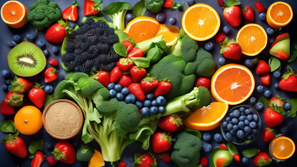 Create an image of a variety of colorful fruits and vegetables, such as strawberries, blueberries, oranges, spinach, and broccoli, arranged in a vibrant and appealing way. Include some grains like quinoa and oats as well. Surround the image with symbols of energy and vitality, such as lightning bolts, sunbursts, and vibrant colors to showcase the top energy boosters that can improve your day.