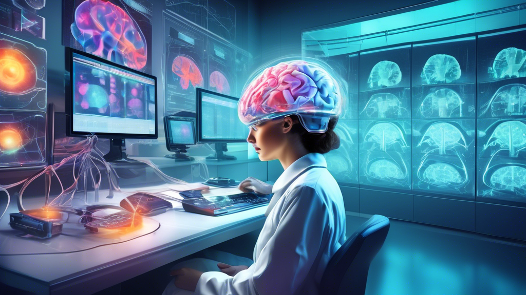 Create an image of a futuristic brain enhancement technology being used in a laboratory setting, showing scientists studying the effects of cognitive enhancement on a brain scan. The setting should be filled with high-tech equipment and visual representations of brain activity, symbolizing the advancement in understanding cognitive enhancement methods and their benefits.