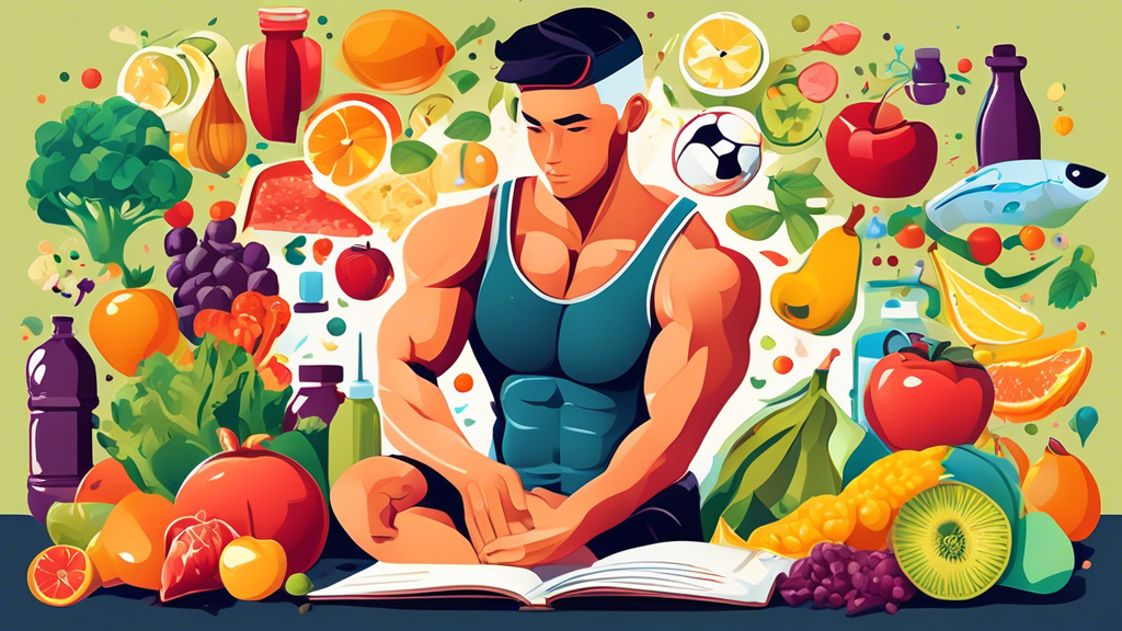 Create an image that depicts a beginner athlete studying a detailed sports nutrition guide, surrounded by colorful fruits, vegetables, proteins, and supplements. The athlete is surrounded by symbols of different sports and fitness activities for context.