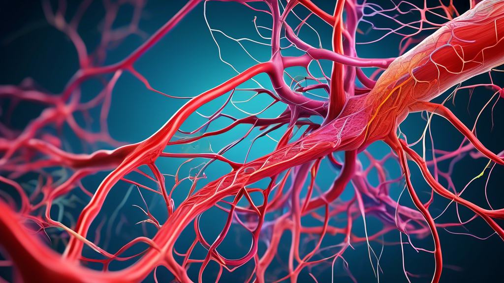 Create an image of a detailed and labeled diagram showing the intricate network of blood vessels in the human body, highlighting the importance of vascularity and its role in overall health and wellbeing.